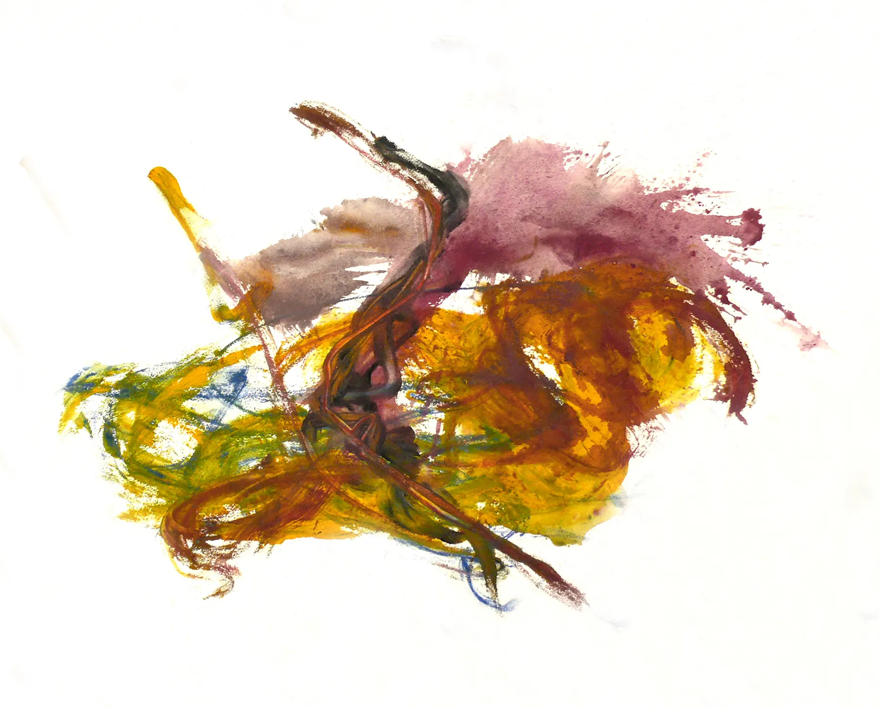 Watercolor of tangled yellow and brown washes bleeding into white paper