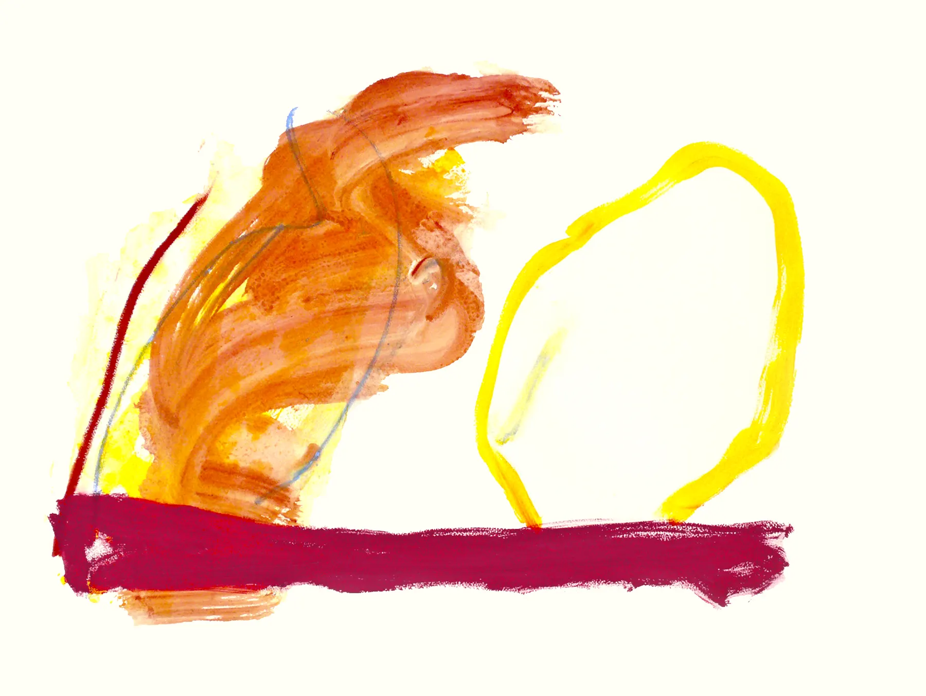 Watercolor of an orange form beside a yellow ring above a crimson bar