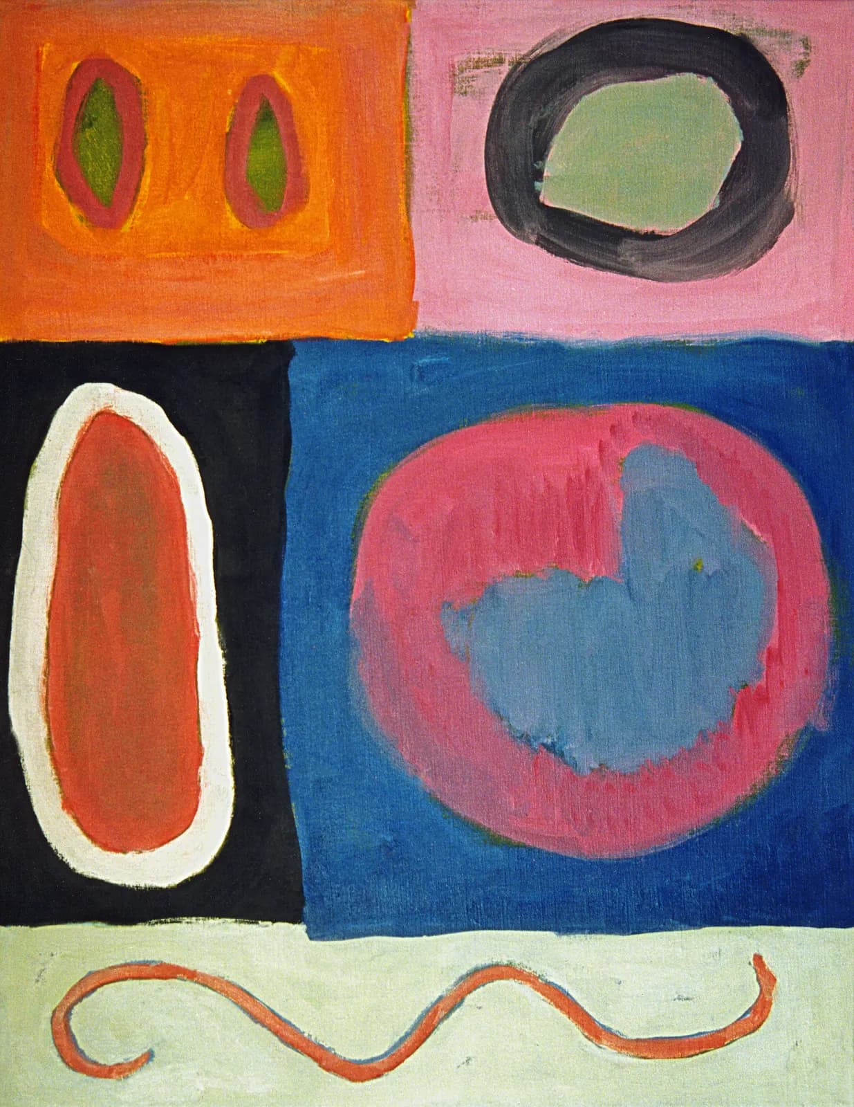 Abstract painting of stacked orange, blue and pink panels holding pale ovals
