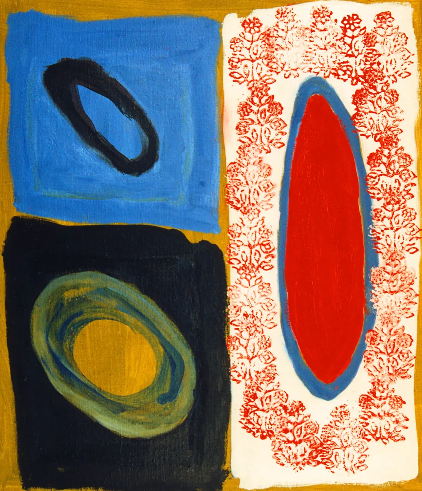Abstract painting of dark blue panels with a red oval on a patterned white ground