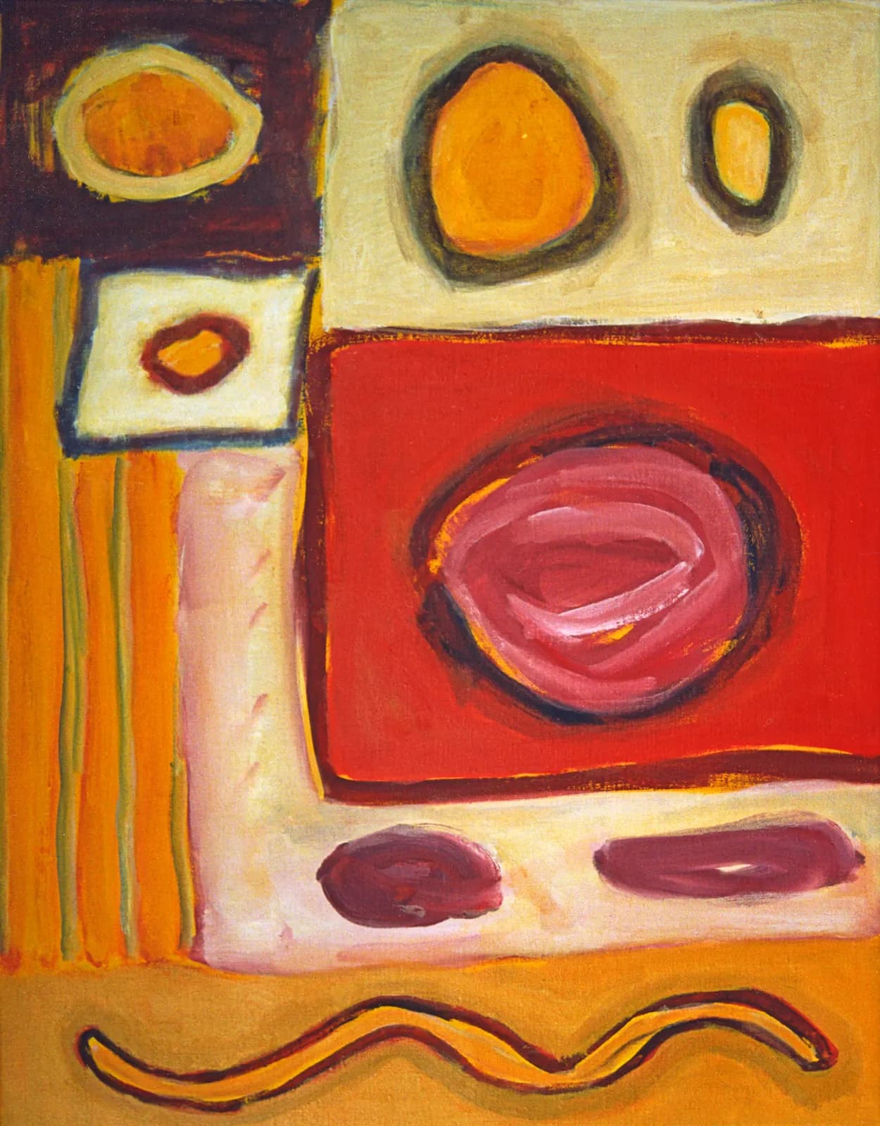 Abstract painting of cream and yellow squares around a soft red oval