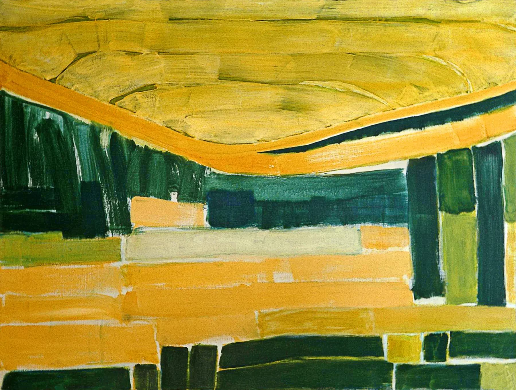 Abstract landscape in stacked bands of yellow, deep green and ochre