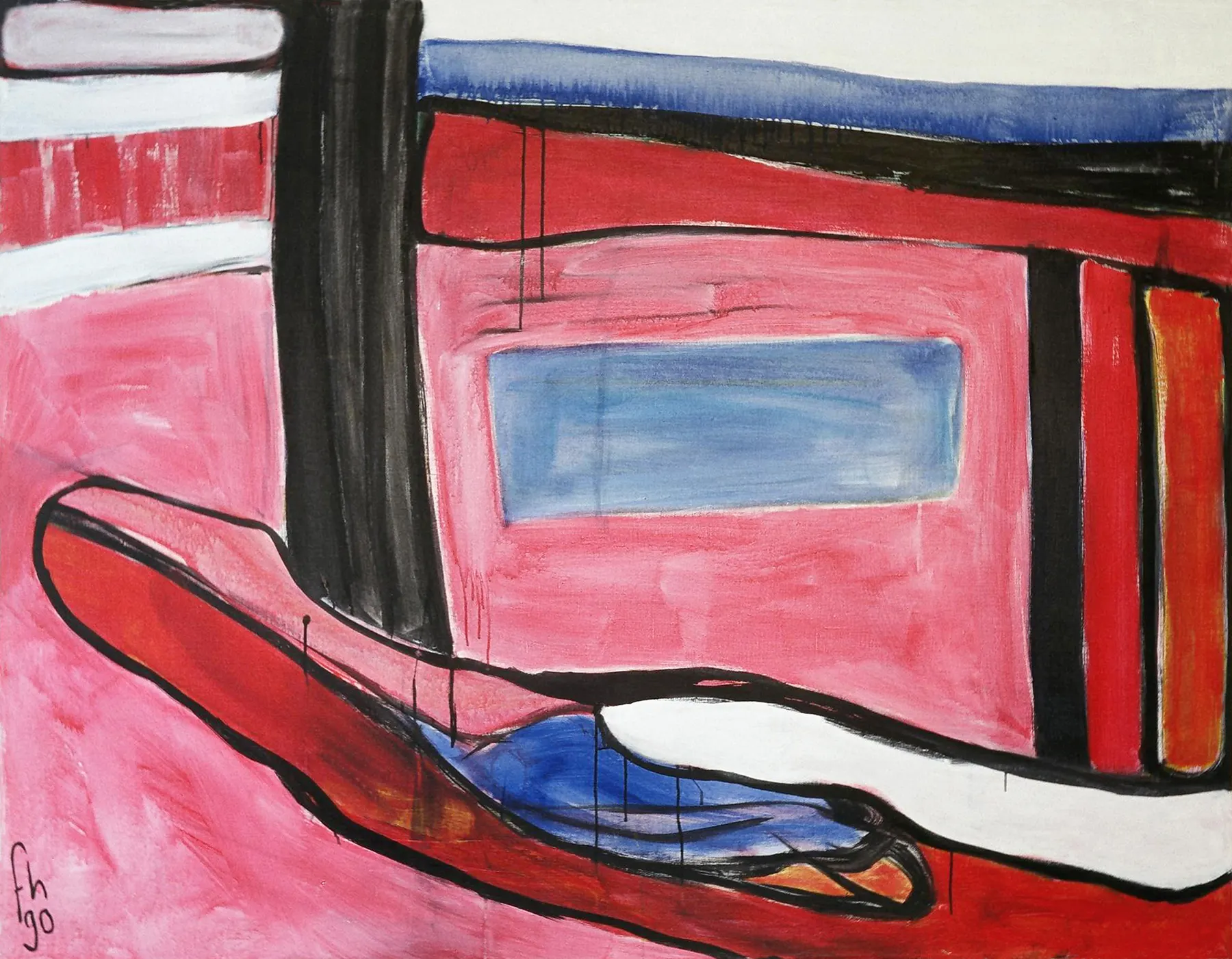 Abstract painting with a blue rectangle floating on a warm pink field