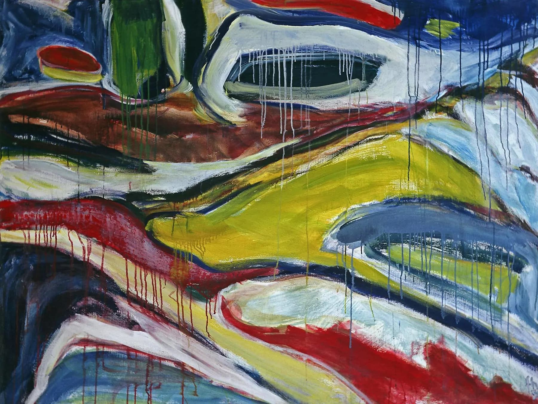 Abstract painting of curved olive and cream forms with thin drips of color