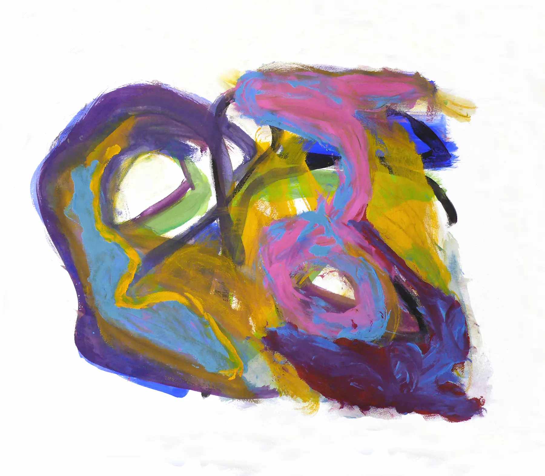 Loose gouache study in violet, ochre and pink shapes on white paper