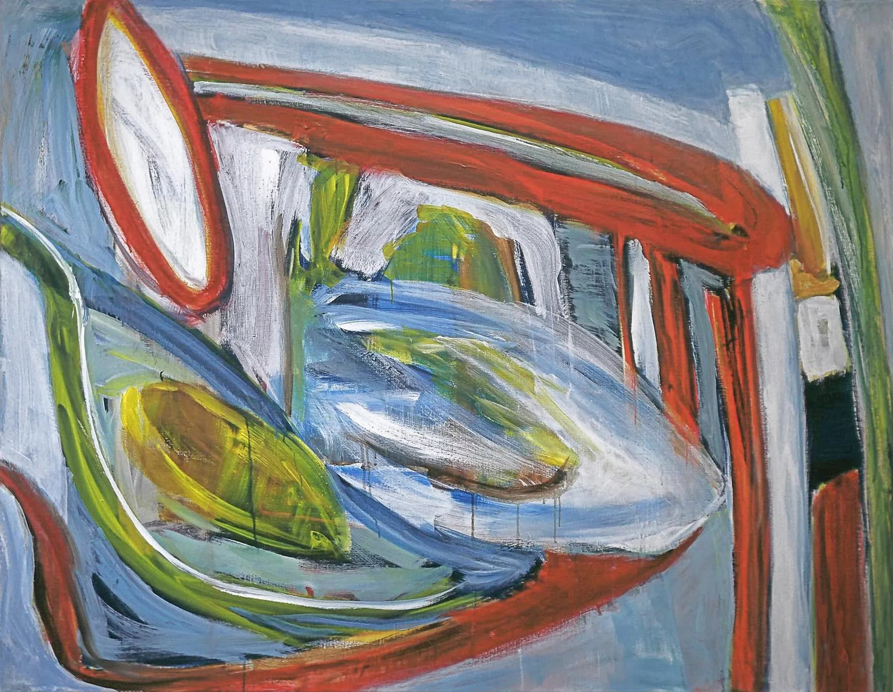 Abstract painting of pale ovals and soft green bands across a bone-colored ground