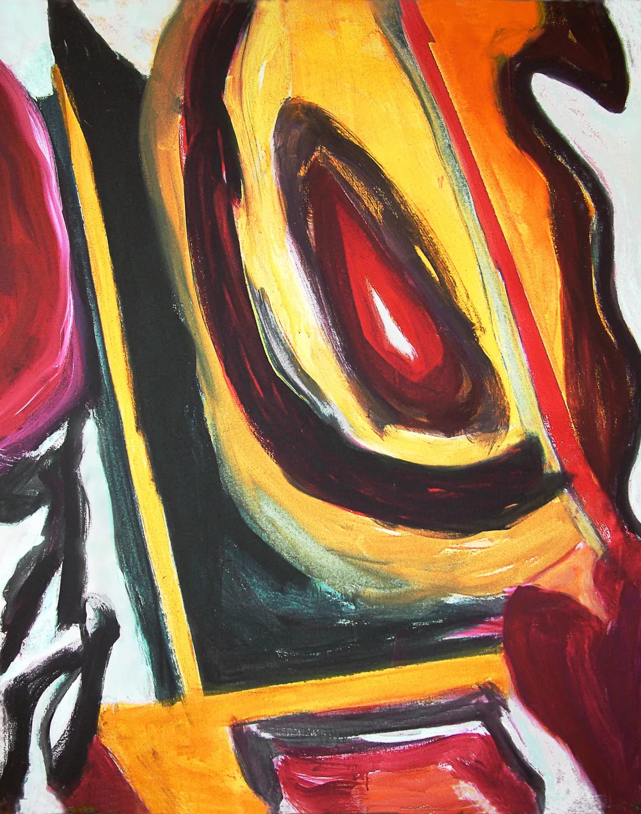 Tall abstract painting of a yellow and crimson form inside heavy black outlines